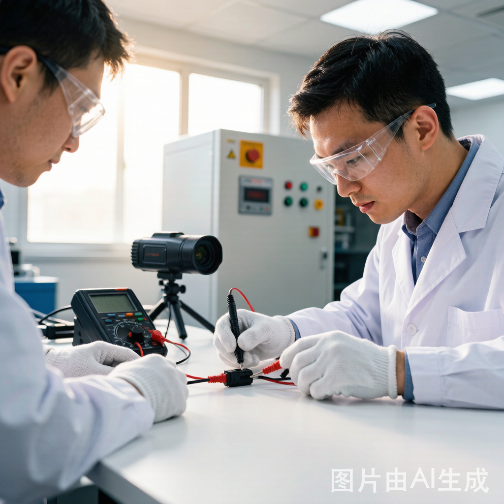 Solar PV connector R&D laboratory with engineers testing MC4 components